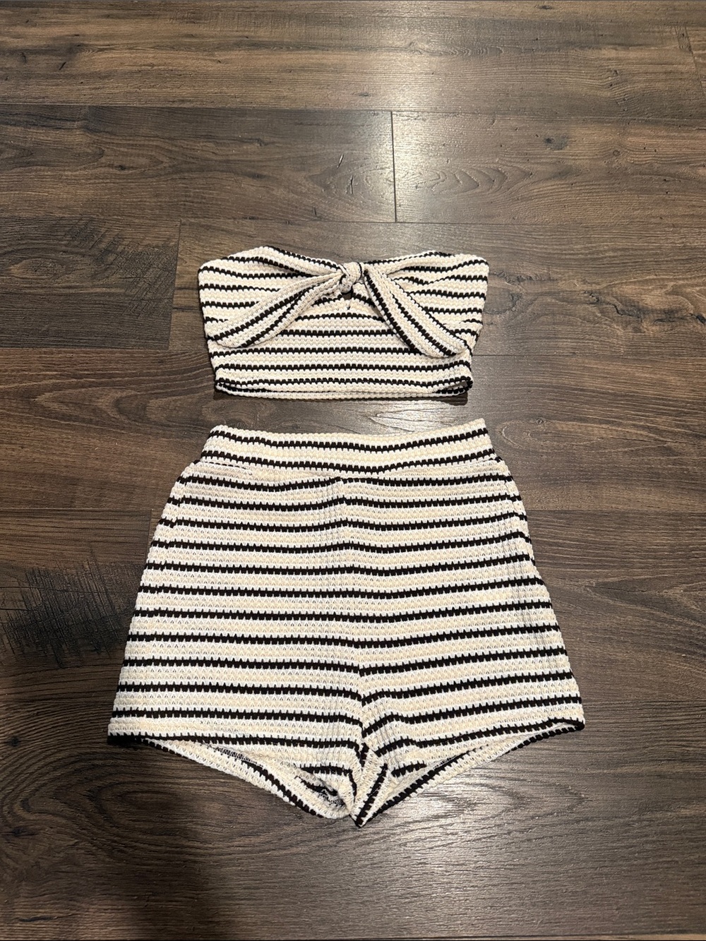 Striped Crochet Bandeau Two-Piece Set - Black & Cream